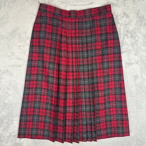 VTG 70s Panther Red Tartan Plaid Pleated Midi Skirt Wool Blend 16 Preppy USA